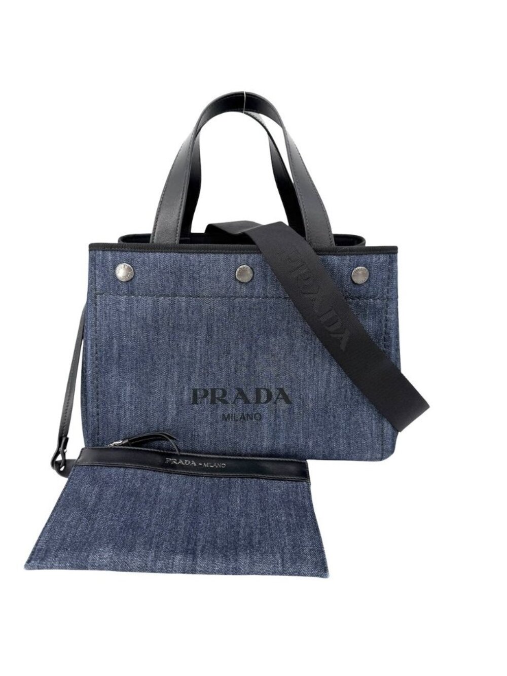 Prada Tote Canapa Denim Fabric Handbag Crossbody Cotton Blue Gold
